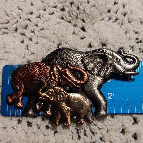 Tri-Color Elephant Family Pin Brooch Trunks Up Silver /‎ Copper / Gold Colors - Picture 5 of 6